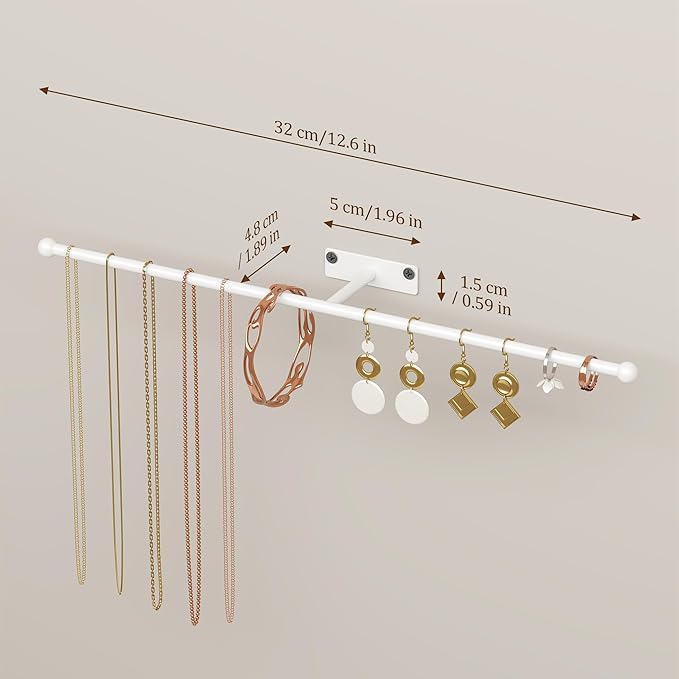 Wall Hanging Jewelry Organizer: 12.6'' Necklace Holder for Earring, Bracelet, Rings, Hairband, Glasses, White 2-Pack, Screws Included