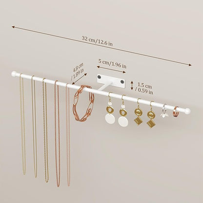 Wall Hanging Jewelry Organizer: 12.6'' Necklace Holder for Earring, Bracelet, Rings, Hairband, Glasses, White 2-Pack, Screws Included