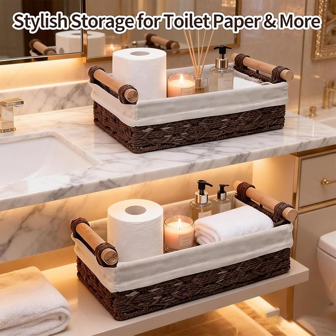 Storage Basket Wicker Baskets for Organizing, Storage Bins for Countertop & Toilet Paper, Toilet Tank Top Organizer (Set of 2, Dark-Brown)