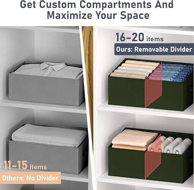 DIMJ Large Closet Shelf Organizer Bins 4 Packs with Handles and Divider, Fabric Trapezoid Storage Baskets, Foldable Clothes Containers Box for Shelf, Towel, Book, Toy, Purse, Hats, Green