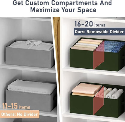 DIMJ Large Closet Shelf Organizer Bins 4 Packs with Handles and Divider, Fabric Trapezoid Storage Baskets, Foldable Clothes Containers Box for Shelf, Towel, Book, Toy, Purse, Hats, Green