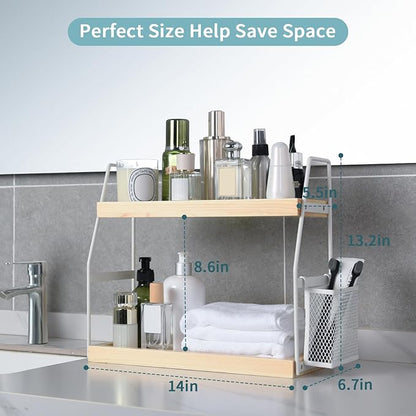 Bathroom Counter Organizer, 2-Tier Standing Storage Shelf with Basket, Wood Tray for Skincare Vanity Organizer(White)