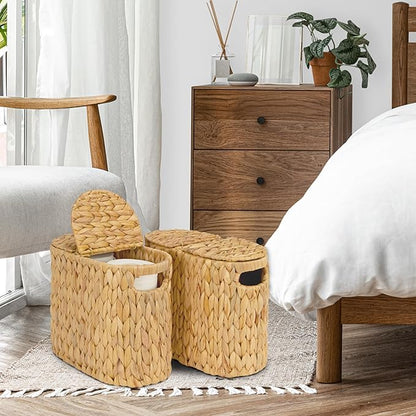 Toilet Paper Basket with Lid, Water Hyacinth Wicker Toilet Paper Storage Holder for 4 Rolls, Toilet Paper Storage for Bathroom