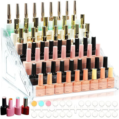 Nail Polish Organizer,7 Layers Acrylic Display Rack with 120Pcs Color Display Tips,Nail PolishDip Powder Acrylic Display Rack,Makeup Organizer No Tool Needed(Clear)