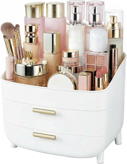 novelinks 3-Tier Skincare Makeup Organizer with Drawers, Large Capacity Vanity Storage Box, Desktop Cosmetic Organizer for Bathroom, Dresser & Vanity Countertop, White