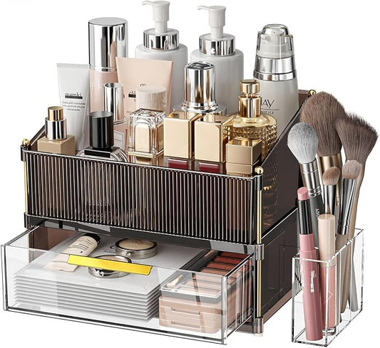 INVSSENE Stackable Makeup Organizer Countertop, Storage Perfume Skincare Cosmetic Lipstick Face Mask Makeup Brush Holder Palettes, Ideal for Vanity Bathroom Counter