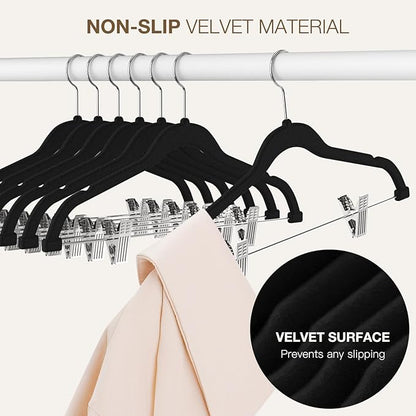 Korpai 24-Pack Black Velvet Hangers with Clips Adjustable,Outfit Hangers,Heavy-Duty,Non-Slip,Space Saving, Felt Hanger for Pants, Skirts, Suits,Coats, Dresses ect.