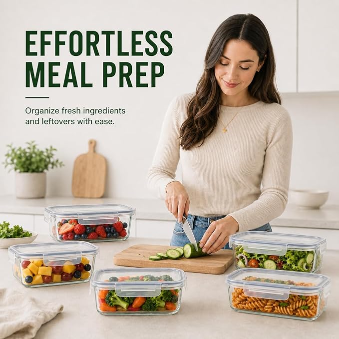 5 Pack 36oz Borosilicate Glass Food Storage Containers Set with Lids, Freezer Meal Prep Containers, Airtight Bento Lunch Container Set, Oven, Freezer and Dishwasher Safe, BPA Free, Kitchen Storage Set