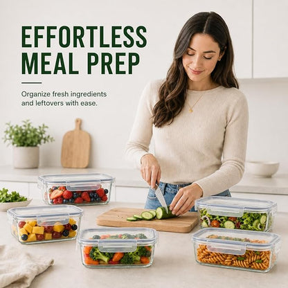 5 Pack 36oz Borosilicate Glass Food Storage Containers Set with Lids, Freezer Meal Prep Containers, Airtight Bento Lunch Container Set, Oven, Freezer and Dishwasher Safe, BPA Free, Kitchen Storage Set