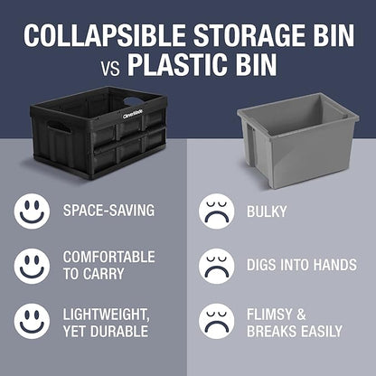 CleverMade Collapsible Storage Bins - Black 3 Pack 32L - Stackable Containers Heavy Duty Capacity Folding Crates - Space-Saving for Home