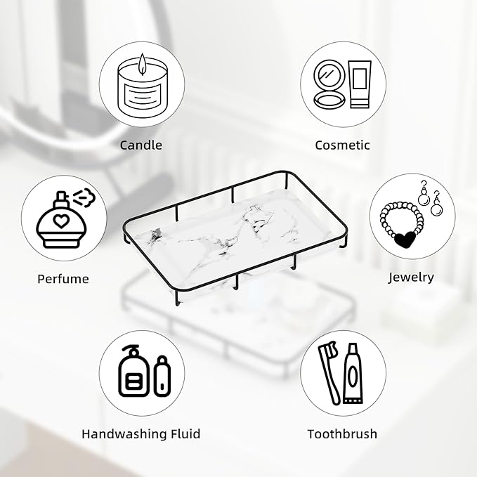 Dobbyby Vanity Tray Makeup Organizer Cosmetics Storage Bathroom Skincare Organizer Countertop Display Rack in Dresser Stainless Steel Shelf Marble Print Ceramic Trays