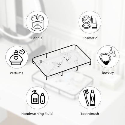Dobbyby Vanity Tray Makeup Organizer Cosmetics Storage Bathroom Skincare Organizer Countertop Display Rack in Dresser Stainless Steel Shelf Marble Print Ceramic Trays