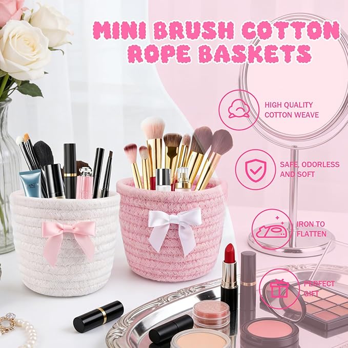 2 Pack Bow Makeup Brush Holder- Mini Woven Cotton Rope Small Oval Basket with Bow Decor, Comb Brushes Storage Decorative Basket for Pencil Cosmetics Organizer Gift for Women,4 x 4 IN