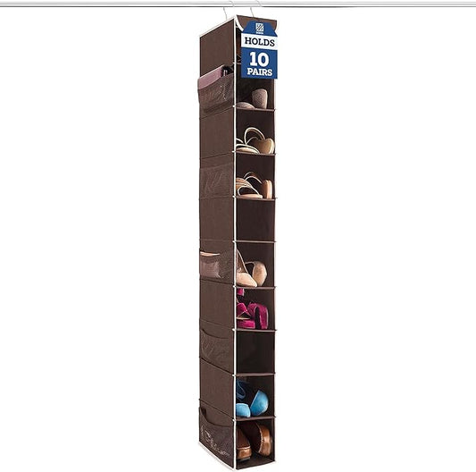 ZOBER Hanging Shoe Organizer for Closet, 10 Shelves - Hanging Shoe Rack W/Side Pockets - Narrow, Space Saving, Durable