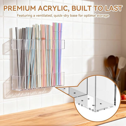 9.5 Inch Cabinet Door Acrylic Straw Holder with Double-Sided Tape, Kitchen Countertop Cabinet Storage Box for Organizing Straws (Transparent)