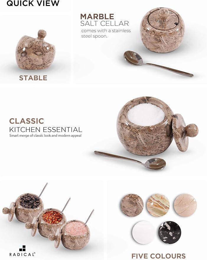Radicaln Marble Salt Cellar with Lid 3" Inch Oceanic Salt Jar & Spice Storage Containers For Kitchen Countertop, Ideal Sugar Bowl & Salt dish For Table