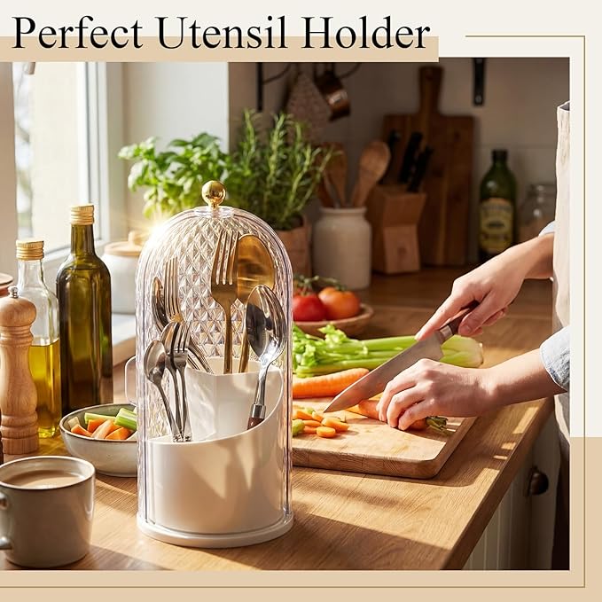 2 Pack 360° Rotating Silverware Organizer, Utensil Holder with Lid for Kitchen Counter Silverware Caddy with Drainage Dustproof Flatware Holder for Cutlery Spoon Fork(Diamond White,3 Slot)