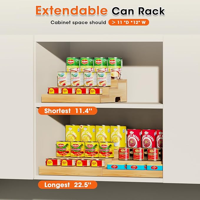 Expandable Can Rack Organizer for Pantry, 3 Tier Wooden Can holder, Canned Goods Organizer Holds Up to 24 Cans Soda, Cannd Food Storage Display for Cabinet, Pantry, Kicthen Countertop