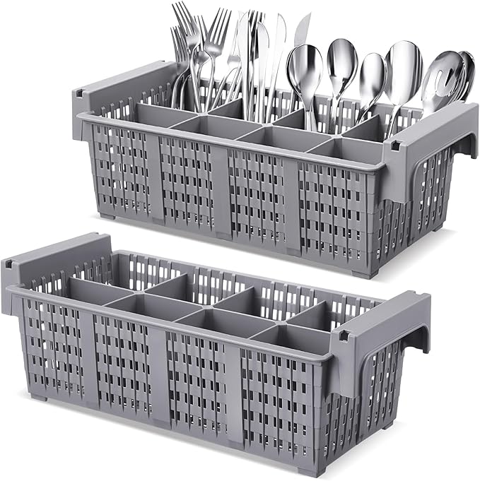 Yungyan 2 Pcs 8 Slot Plastic Cutlery Basket 16.81 x 8.07 x 5.91 Inches Dishwasher Flatware Basket with Handle Utensil Holder for Knives, Forks, Spoons, Silverware Commercial Dishwasher(Gray)