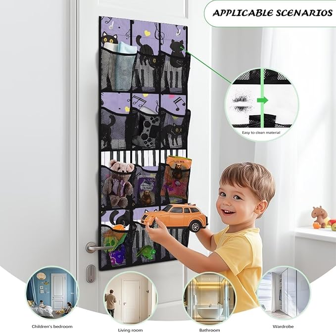 Cat Piano Hanging Shoe Organizer,Shoe Organizer Door Hanger with 12 Mesh Large Pockets,Behind Door Shoes Hang Holder Rack