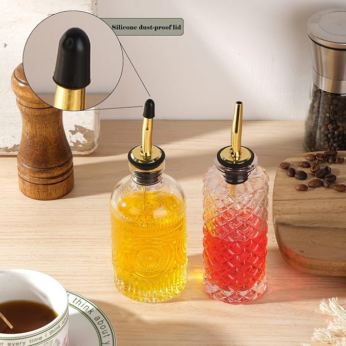 WHJY 3 Pack Small Syrup Dispenser Simple Syrup Container with Pour Spout Glass Syrup Bottles with Refilling and Cleaning Tool Set Floral Pattern Coffee Syrup Dispenser with Label Tags