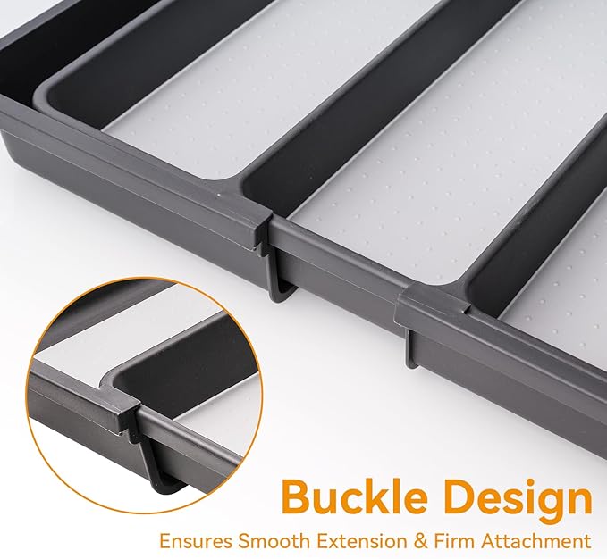 Silverware Drawer Organizer, Expandable Large Drawer Organizer, BPA Free Flatware and Cutlery Tray, Adjustable Storage with Anti-Slip Linner inside for Spoons Forks Knives with 2 Knife Guards, Grey
