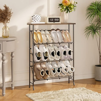 JZM Shoe Rack Storage, Narrow 4 Tier Metal Shoe Storage Shelf, Free Standing Shoe Racks, Space Saving Shoe Rack Organizer for Entryway, Hallway, Bedroom, Living Room(12-16 Pair)