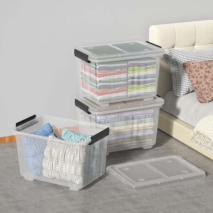 50 Quarts Plastic Storage Boxes, Large Clear Bins with Lids and Wheels Set of 4