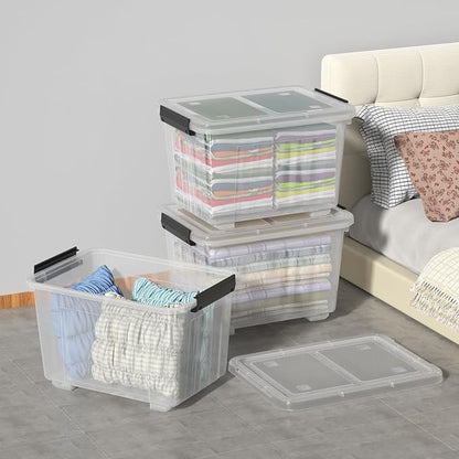 50 Quarts Plastic Storage Boxes, Large Clear Bins with Lids and Wheels Set of 4
