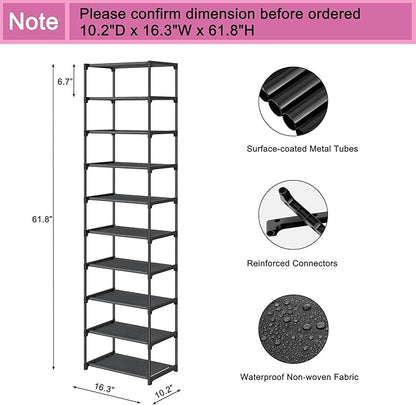 Autonomier 10 Tier Tall Shoe Rack, Non-Woven Fabrics Compact Narrow Shoe Stand Shelf, Vertical Small Space Saving Storage Organizer for Closet Floor, Front Door Entrance, Entryway, Black
