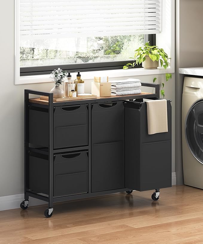 HOOBRO Laundry Sorter with 4 Section, 34 Gal. (127 L) Laundry Hamper with Wheels, Rolling Laundry Basket with Shelf, Pull-Out Detachable Bags, Side Pockets, Rustic Brown and Black BF14XY01N1