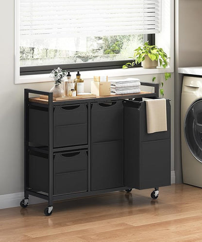 HOOBRO Laundry Sorter with 4 Section, 34 Gal. (127 L) Laundry Hamper with Wheels, Rolling Laundry Basket with Shelf, Pull-Out Detachable Bags, Side Pockets, Rustic Brown and Black BF14XY01N1