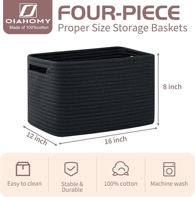 OIAHOMY 4 Pack Storage Baskets for Organizing, Cube Storage Bins for Shelves, Rectangle Storage Baskets With Handles, Woven Baskets for Storage, 16''Lx12''Wx8''H, Black