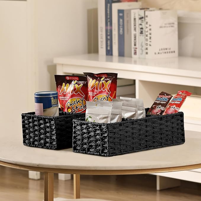 Vagusicc 3 Section Wicker Storage Basket, Hand-Woven Paper Rope Wicker Baskets for Organizing, Toilet Tank Basket, Black Baskets for Bathroom, 2-Pack, Black
