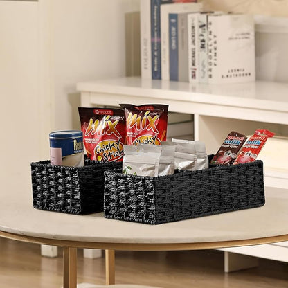 Vagusicc 3 Section Wicker Storage Basket, Hand-Woven Paper Rope Wicker Baskets for Organizing, Toilet Tank Basket, Black Baskets for Bathroom, 2-Pack, Black