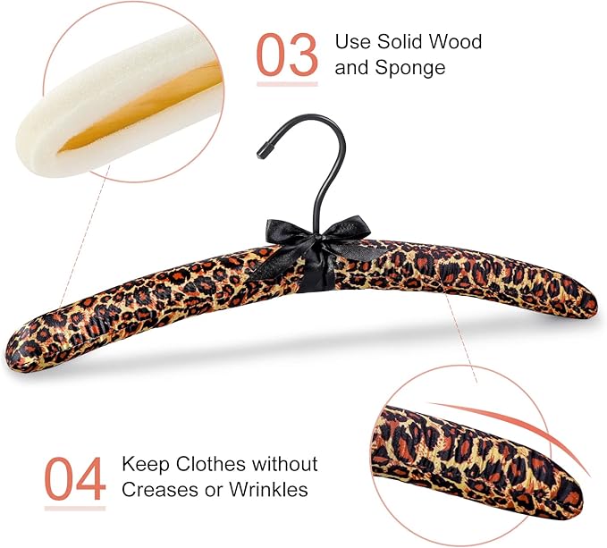 TOPIA HANGER Padded Hangers for Women Clothing,17-inch Satin Hangers 10 Pack Thick Foam Padded No Shoulder Bump for Sweaters, Coat, Blouses, Dresses-Leopard, CT18L-10