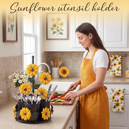 Sunflower Utensil Holder Sunflower Kitchen Decor and Accessories Cute Kitchen Decor Set Countertop Country Stuff Home Vintage Rustic Unique Counter Gift for Spatula Ladle Counter