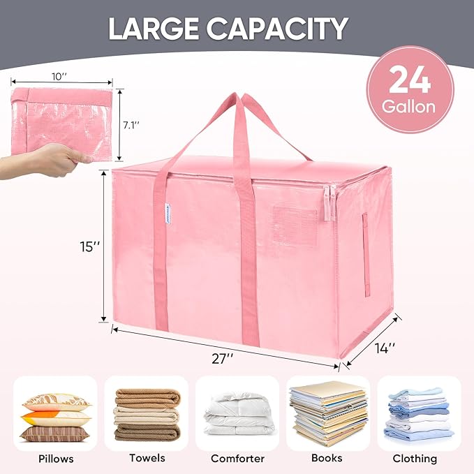 TICONN 4 Pack Extra Large Moving Bags Heavy Duty with Zippers & Carrying Handles, Durable Storage Bags Moving Boxes for Closet Organizers and Storage (4 Pack, Coral)