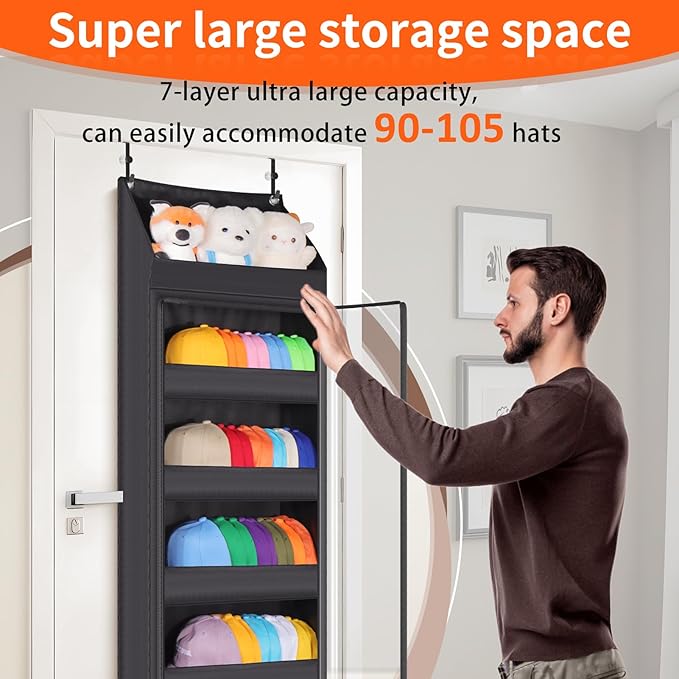 Toread 7-Layer Door-Mounted Baseball Cap Organizer, Dust-Proof Hat Rack Holds 90 Hats, Adjustable Non-Slip Hooks, Multi-Purpose Organizer for Nursery, Bathroom, Bedroom - Patented Design（black）