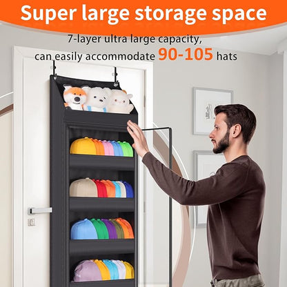 Toread 7-Layer Door-Mounted Baseball Cap Organizer, Dust-Proof Hat Rack Holds 90 Hats, Adjustable Non-Slip Hooks, Multi-Purpose Organizer for Nursery, Bathroom, Bedroom - Patented Design（black）