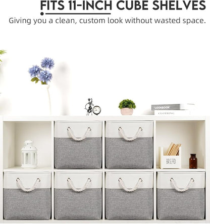 Temary 11 Inch Cube Storage Bins - 6 Pack Foldable Fabric Storage Baskets with Soft Rope Handles, Sturdy Organizer Cubes with Metal Frame for Shelves, Closet, Office & Home Organization (White&Grey)
