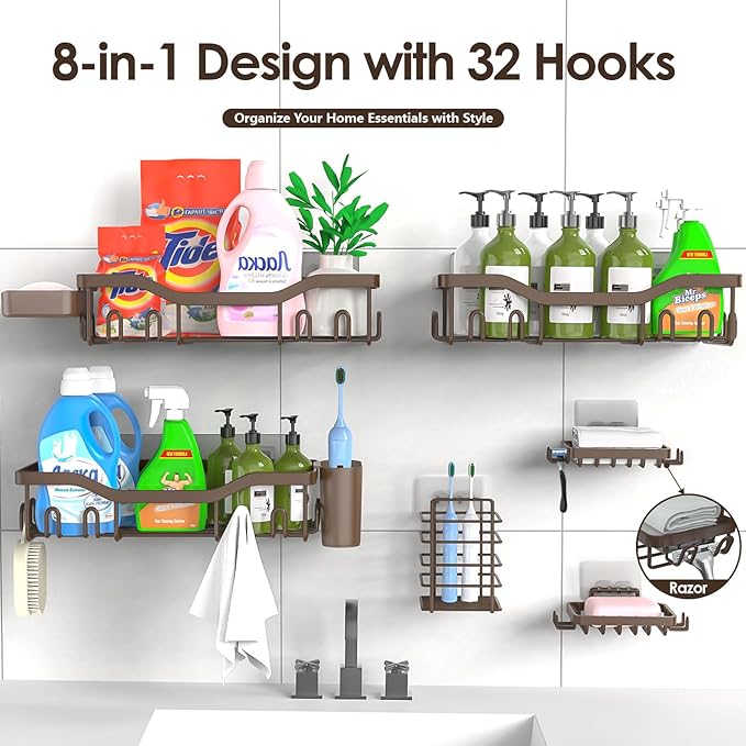NESOMI Shower Caddy Adhesive Shower Organizer 8-Pack, Rustproof Stainless Steel Bathroom Shelves, Large Capacity No-Drill Rack Storage Accessories with Soap Dish Toothbrush Holder Hooks