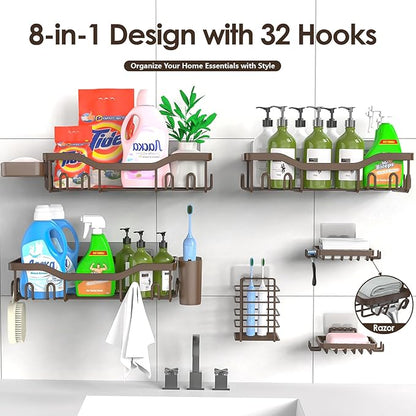 NESOMI Shower Caddy Adhesive Shower Organizer 8-Pack, Rustproof Stainless Steel Bathroom Shelves, Large Capacity No-Drill Rack Storage Accessories with Soap Dish Toothbrush Holder Hooks