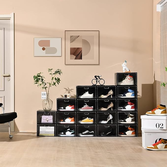 Amllas 8 Pack Shoe Boxes Black Plastic Stackable, Large Shoe Storage Organizer,Drop Side Front Shoe Containers for Entryway,Sneaker Storage Fit up to US Size 13 for Men/Women(13’’x 10.6”x 8.3”)