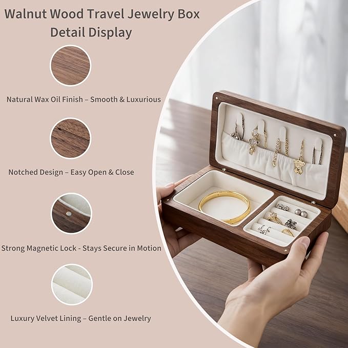 Solid Walnut Wood Jewelry Box for Women & Men - Vintage Travel Organizer with Portable Mini Case, Earring Storage, chinoiserie Handcrafted Gift (Walnut, Square)