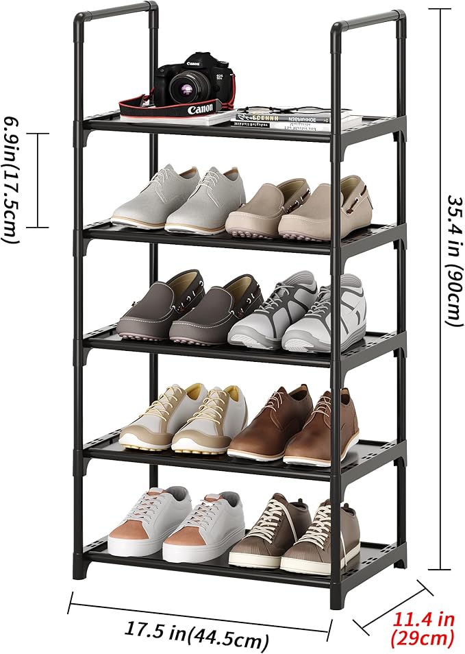 5-Tier Shoe Rack with Handrails, Stackable Narrow Shoe Storage for Entryway, 17.5" W x 11.4" D x 35.4" H, Space Saving Small Shoe Stand for Closet Hallway Dorm, Multi-Functional Shelf(Black)