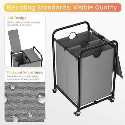 120L (31.7 Gal) Laundry Sorter 2 Section, Rolling Laundry Basket with Lockable Wheels and Lid, Laundry Hamper with 2 Separated Removable Bags Dirty Clothes Hamper for Laundry Room Organizer, Grey