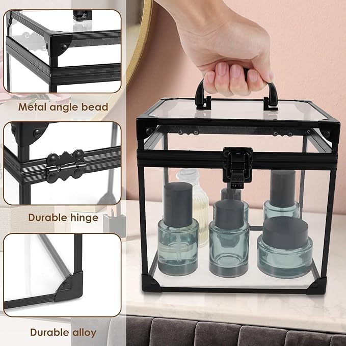 Crown Boxes for Pageants 7.9 X 6.7 X 7.5 In Clear Large capacity Makeup Train Case Cosmetic Case with Latches and Handle Toiletry Organizer Box Travel Makeup Tools Storage Organizer Box
