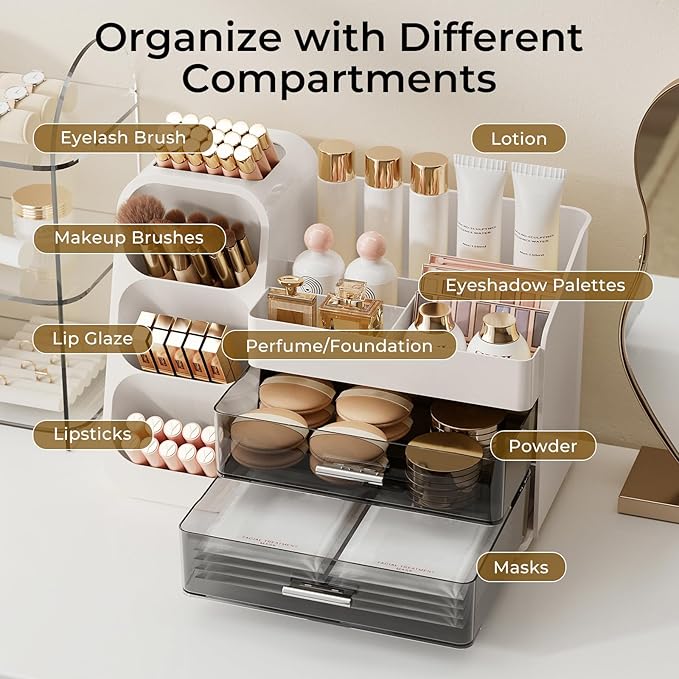Makeup Organizer for Vanity with Brush Holder, Large Capacity Bathroom Countertop Skincare Organizer with 2 Drawers, Cosmetic Display Case for Perfumes, Eyeshadow Palettes, Nail Polishes