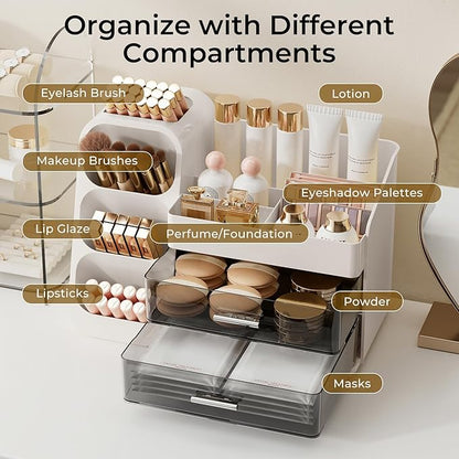Makeup Organizer for Vanity with Brush Holder, Large Capacity Bathroom Countertop Skincare Organizer with 2 Drawers, Cosmetic Display Case for Perfumes, Eyeshadow Palettes, Nail Polishes
